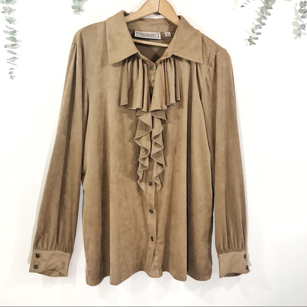 Vintage Faux Suede Ruffle Button-up Top Boho Indie